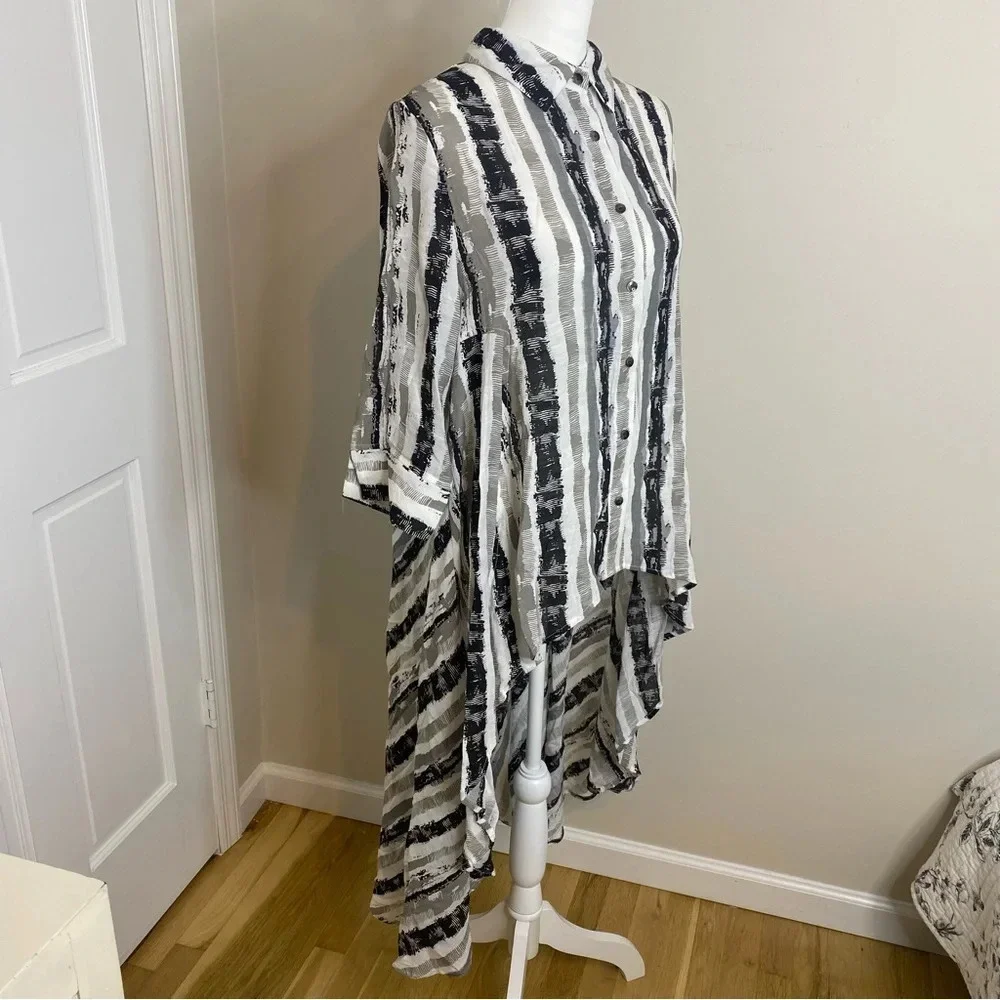 PATRIZIA LUCA Women’s Three Quarter High Low Striped Print Shirt Dress Top L - Picture 7 of 13